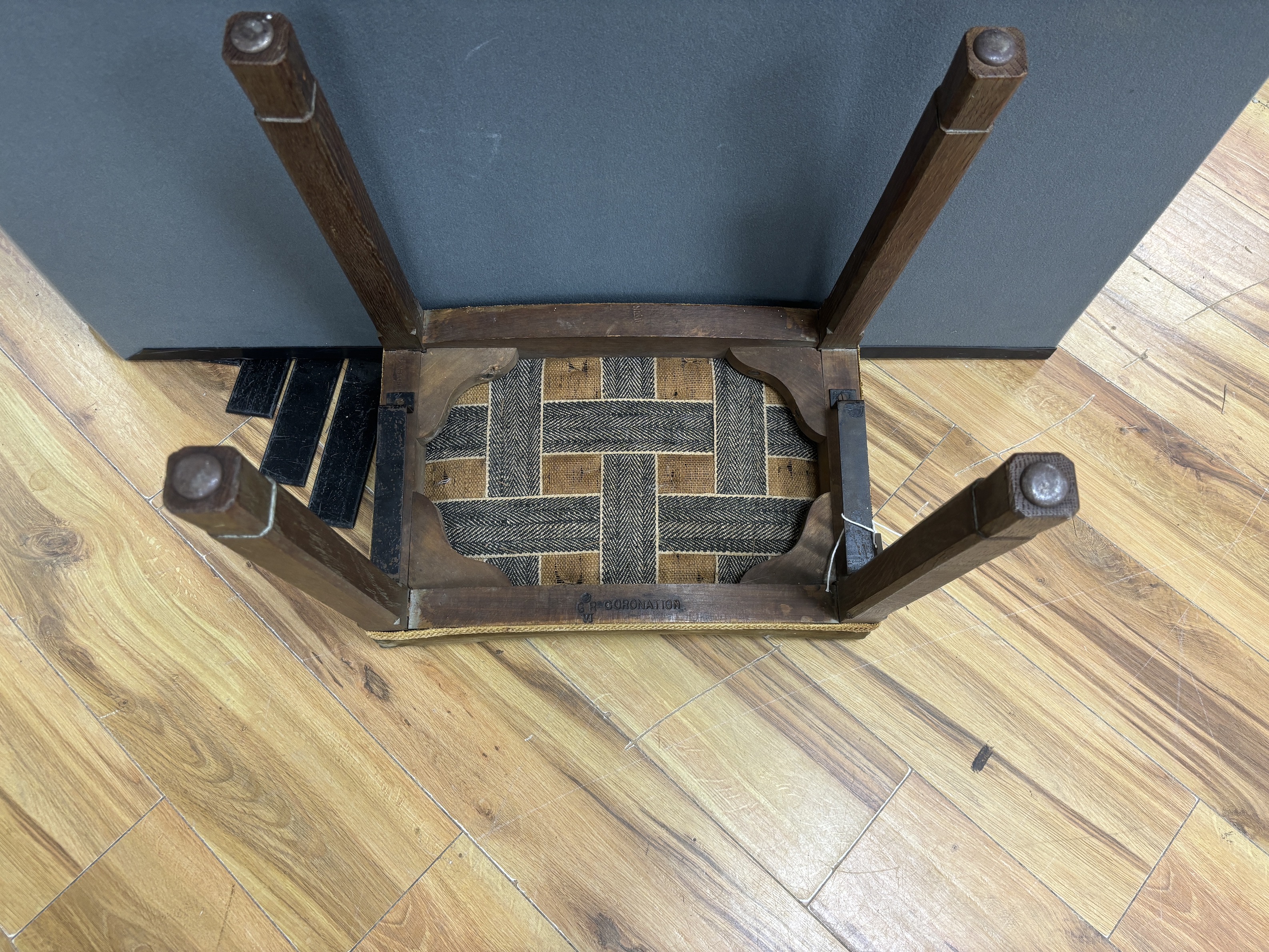 A George VI limed oak Coronation stool, width 46cm, depth 31cm, height 48cm